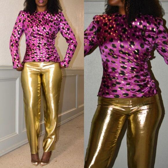 Vintage STANLEY PLATO'S Purple Long Sleeve Black and Gold Dot Top Size 8 - Picture 1 of 10